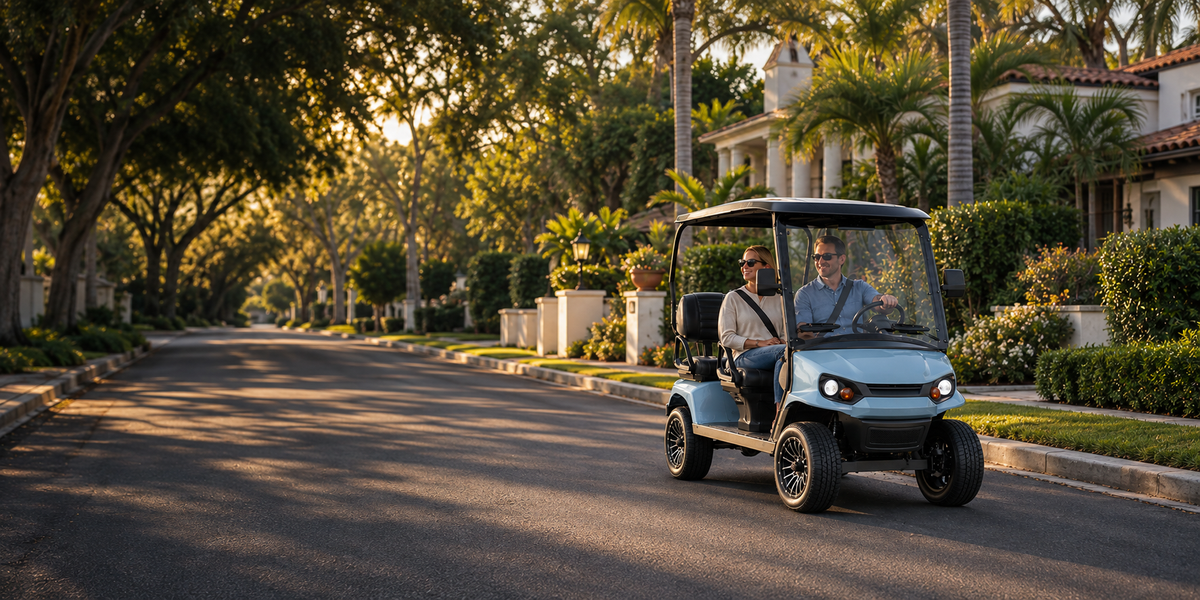 Two adults riding a light-blue low-speed vehicle on a tree-lined neighborhood street