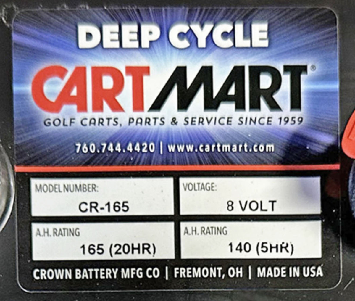 Crown Battery Crown 8 Volt Battery 165 Ah Part CR-165 8V