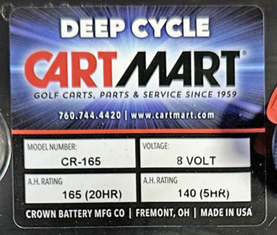 Crown Battery Crown 8 Volt Battery 165 Ah Part CR-165 8V