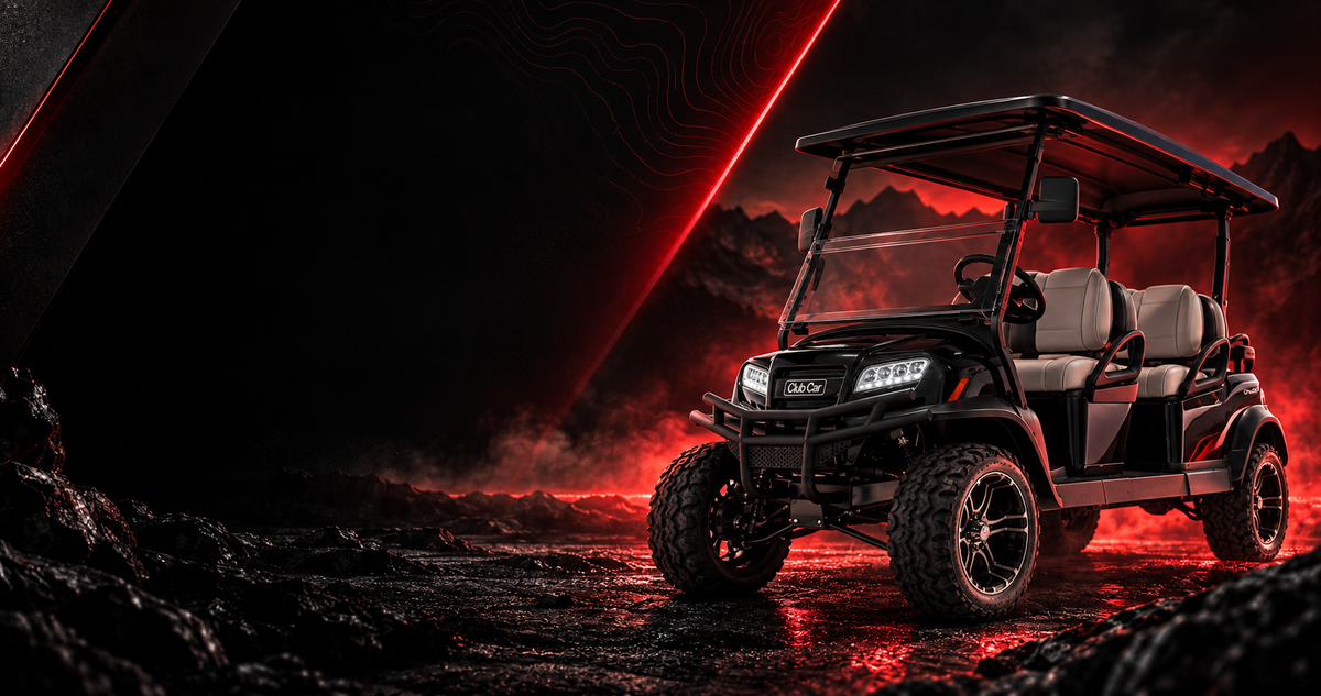 Black Club Car Onward 4 Forward LSV in a dramatic red-and-black landscape