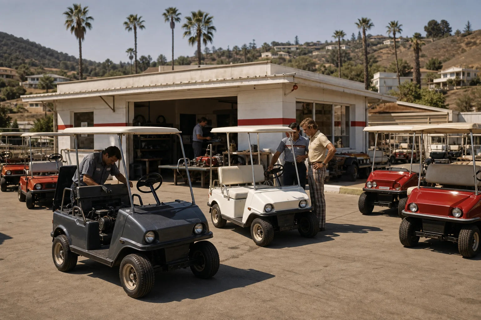 Illustration of Cart Mart golf car operations in San Marcos during the 1970s