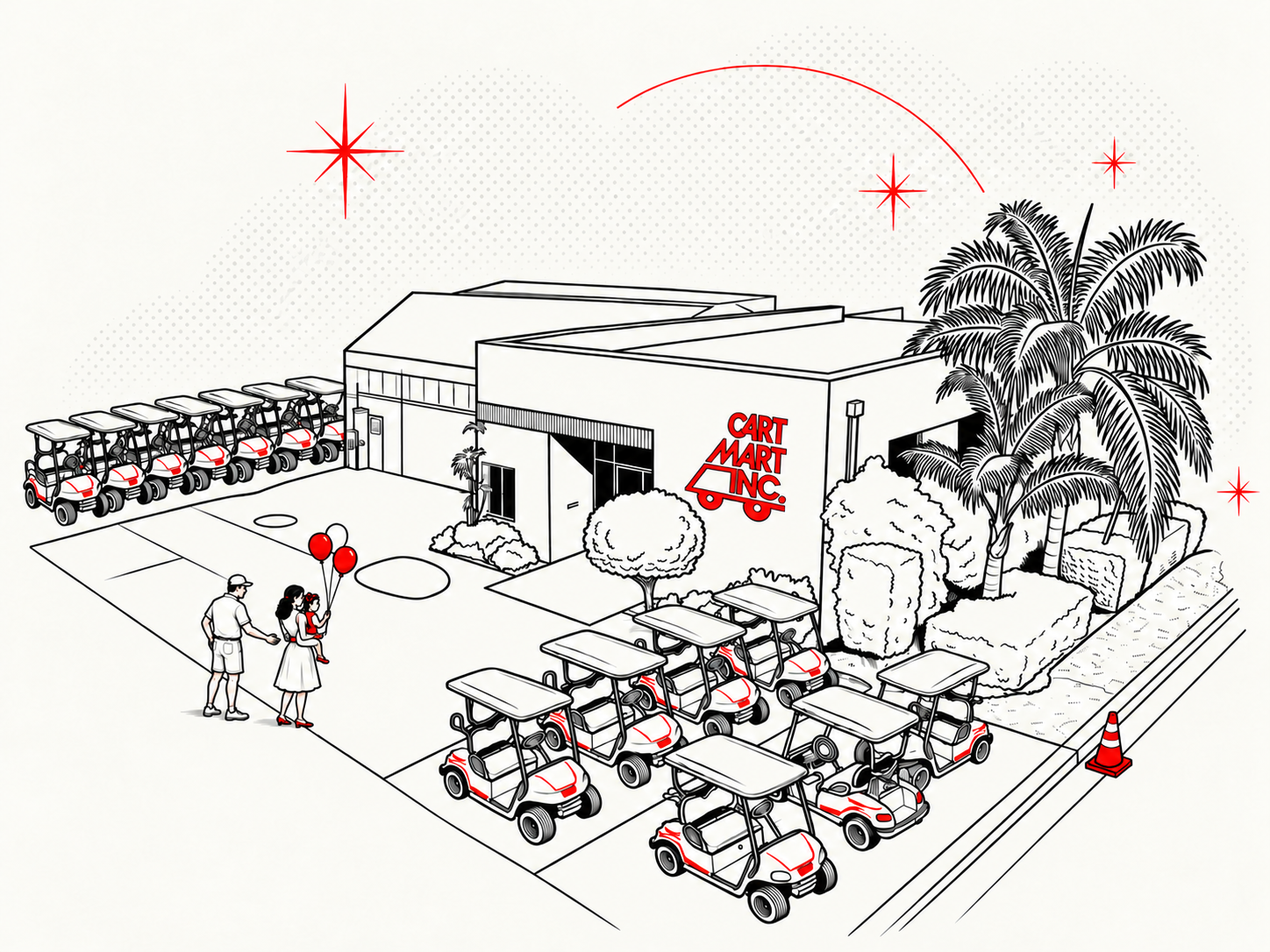 Line illustration of the Cart Mart building and golf cart lot with a family, including a mother carrying a little girl holding balloons.
