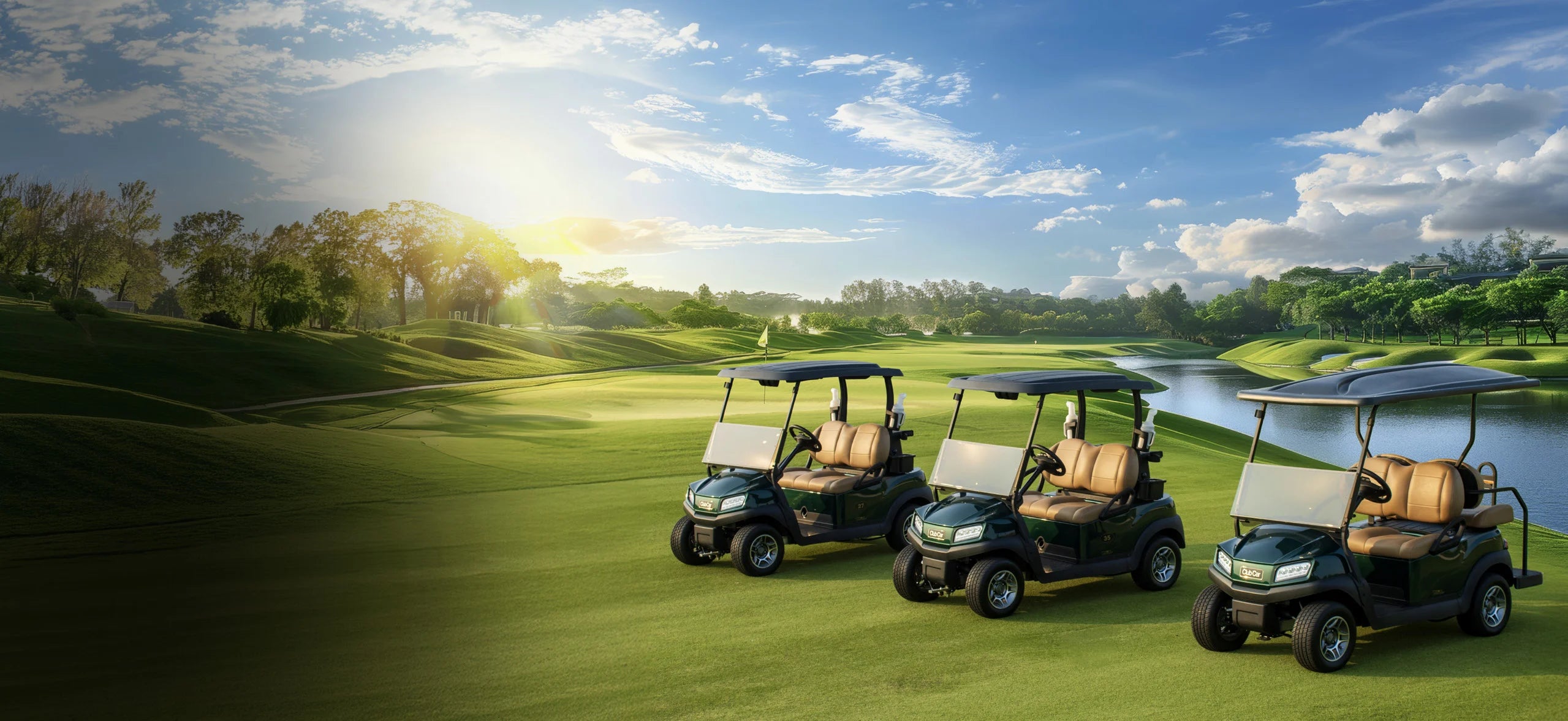 Three Club Car Tempo two-passenger fleet golf cars on a golf course