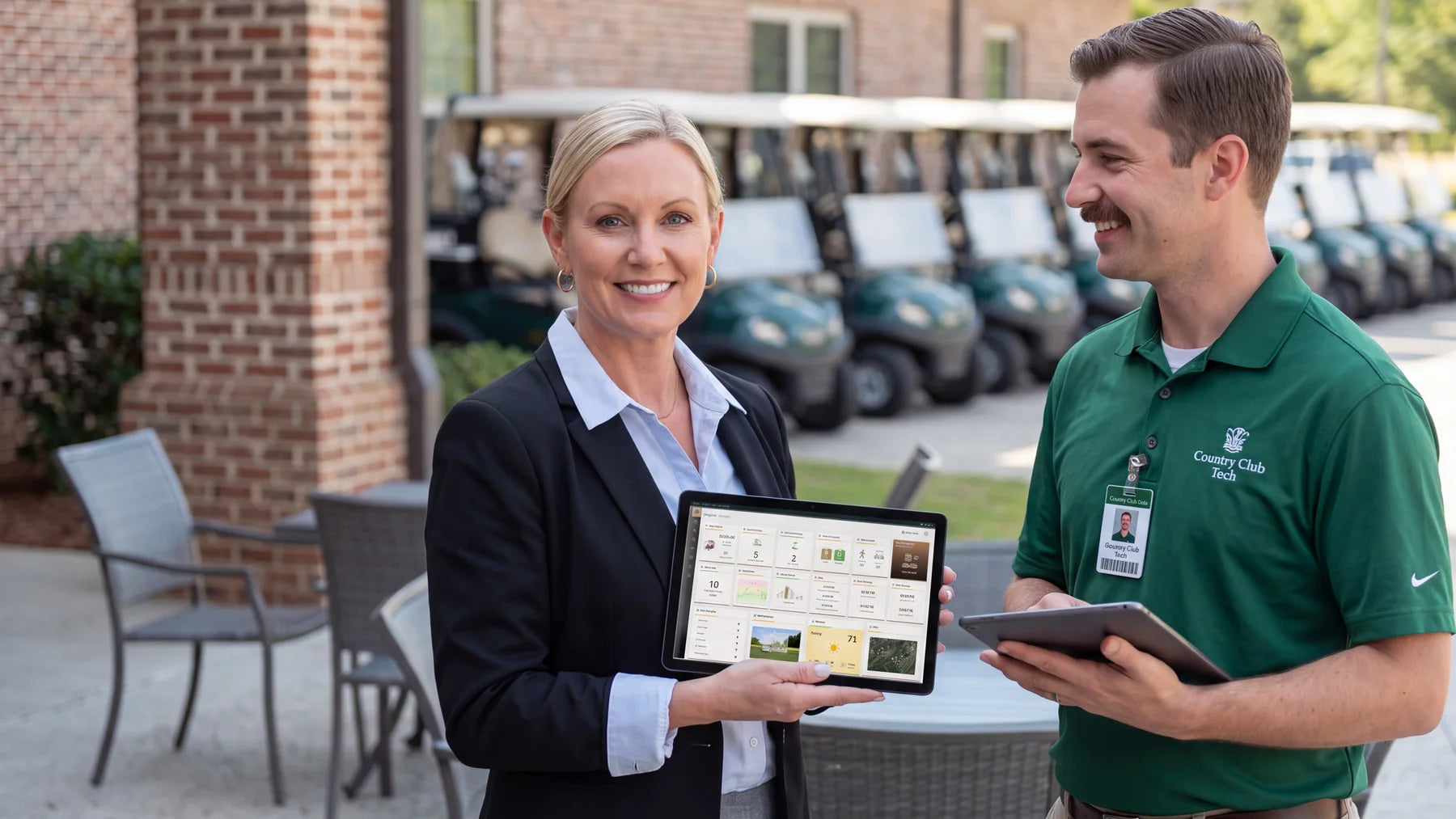 Two golf course managers using fleet-management tools with a Club Car fleet behind them