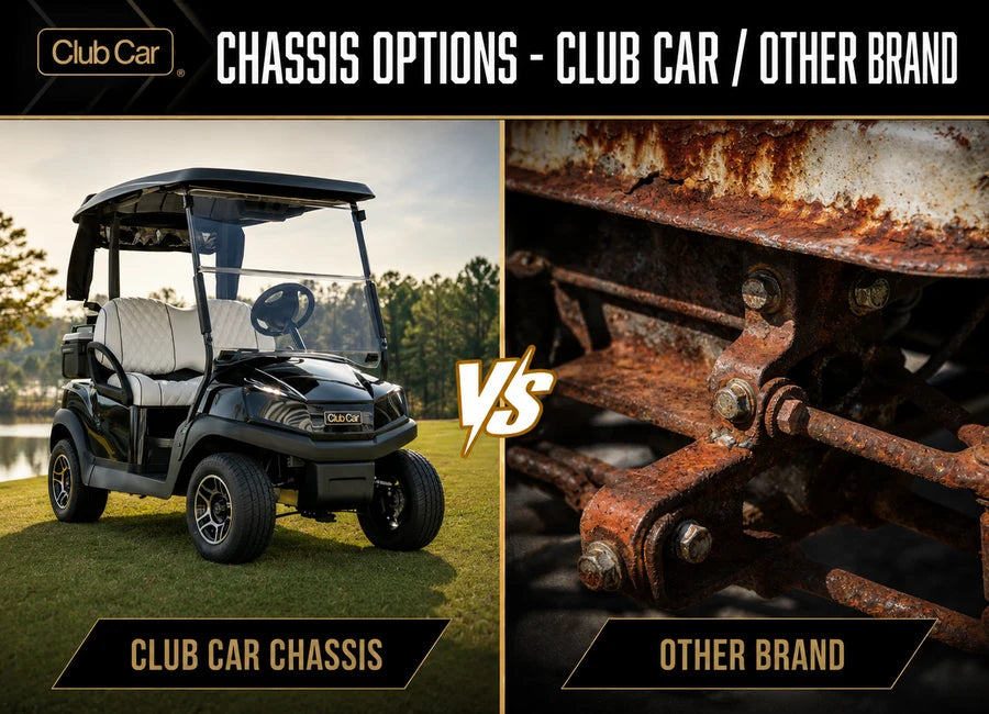Close-up of a heavily rusted steel golf car chassis used as a durability comparison