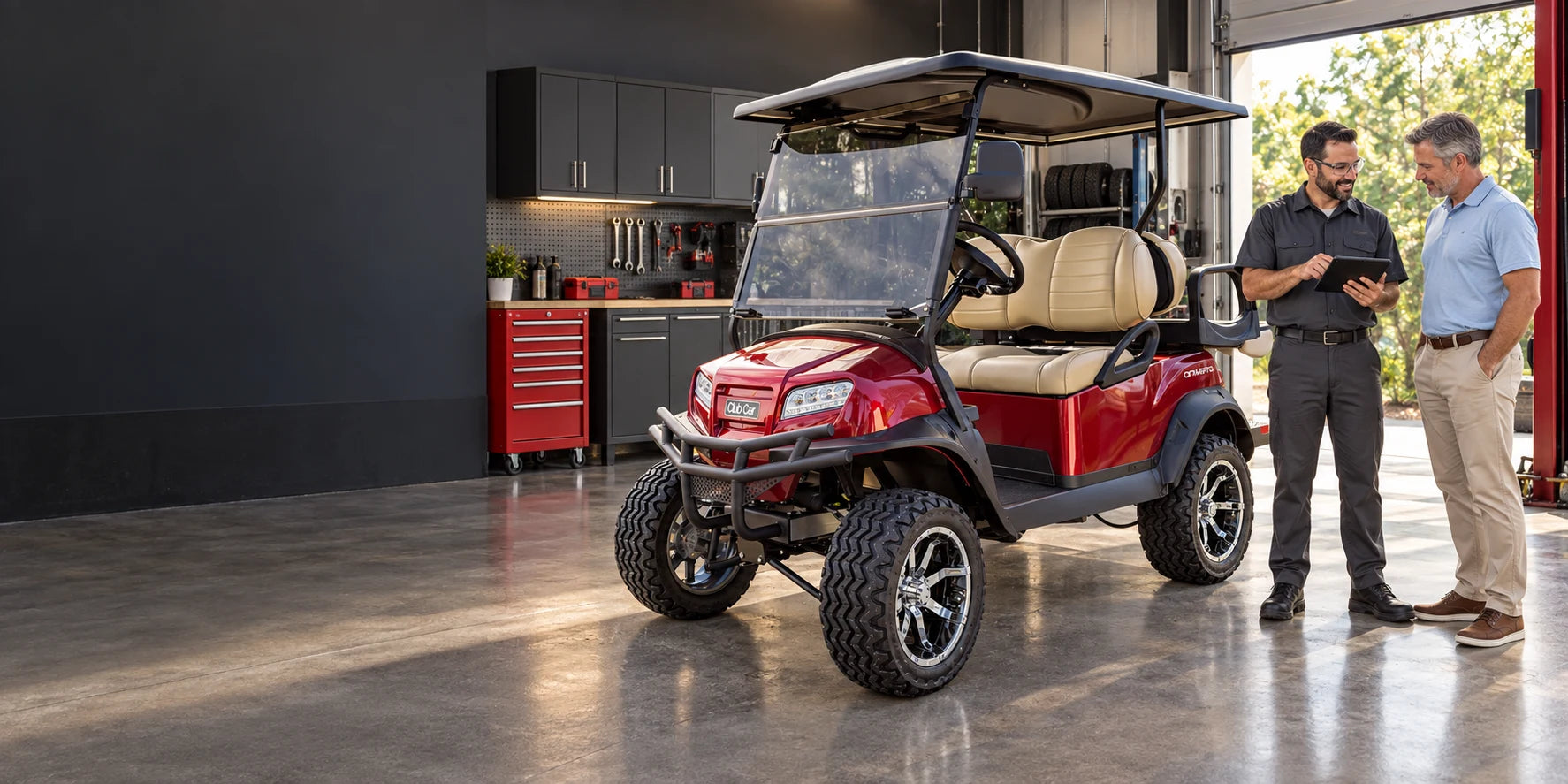 Illustrative service consultation beside a red Club Car Onward