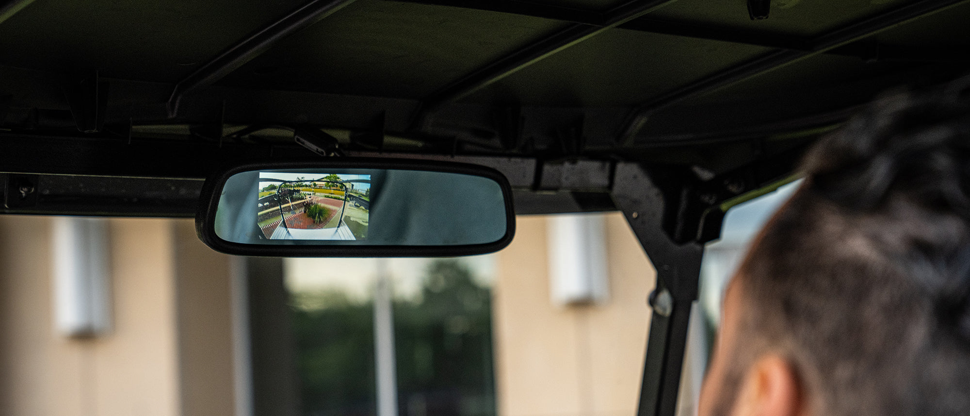 Cushman Hauler PRO LSV rear-view mirror with integrated backup-camera display