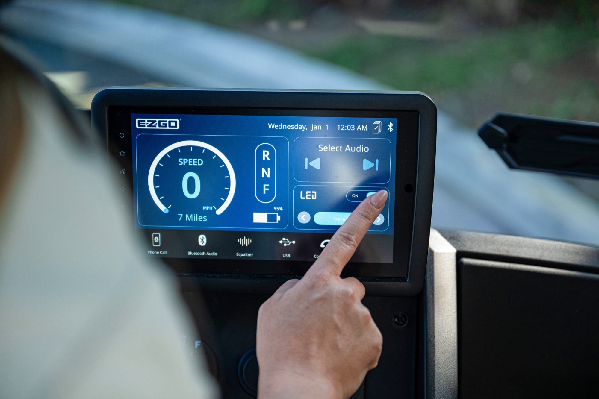 ECOXGEAR touchscreen in the 2026 E-Z-GO Liberty
